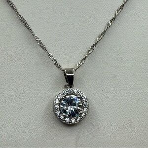 Silver Plated Halo Pendant Necklace Clear Crystal Rope Chain